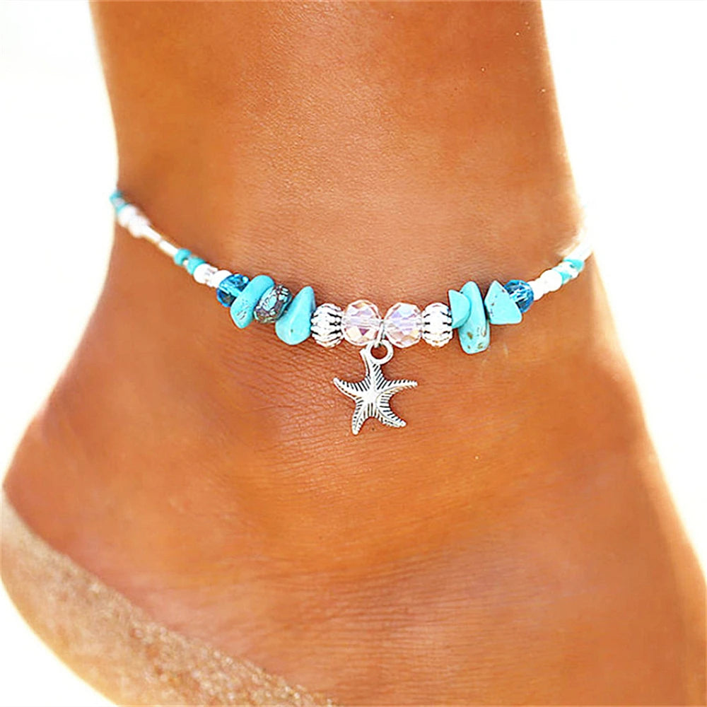 1Pc Boho Turquoise Starfish Anklets Summer Conch Rice Bead Anklet With Adjustable Cha alternate view