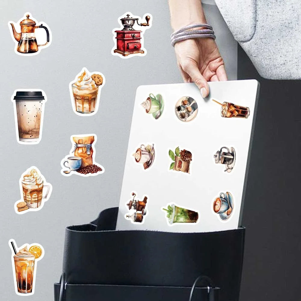 Coffee Lover Cartoon Sticker Pack | 50 Waterproof Decals for Laptop Helmet lifestyle view