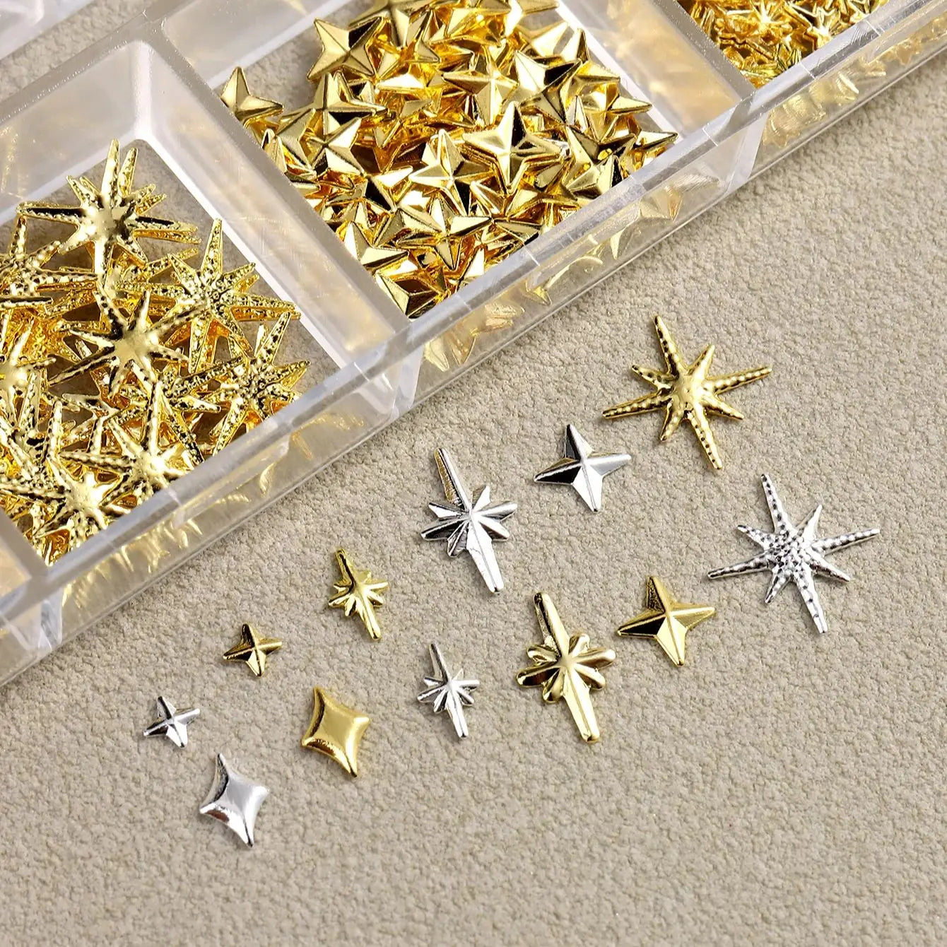 6/12Grids Gold Star Moon Metallic Rivet 3D Nail Charms Alloy Sun Moon Starlight Rhine lifestyle view