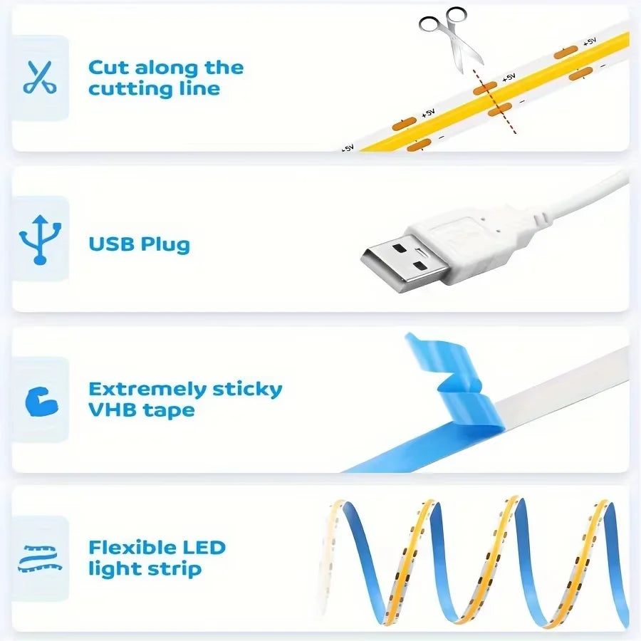 1M-5M USB LED Strip Light 5V 320LEDs/M COB Touch Sensor Dimmable Lamp Tape DIY TV Mirror Backlight Kitchen Room Night Lighting