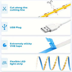 1M-5M USB LED Strip Light 5V 320LEDs/M COB Touch Sensor Dimmable Lamp Tape DIY TV Mirror Backlight Kitchen Room Night Lighting