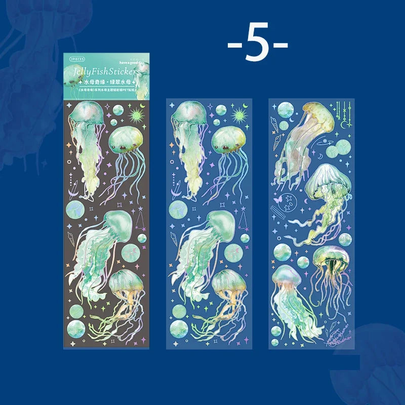 Jellyfish Theme PET Waterproof Stickers | Vintage Ocean Art for Scrapbooking close-up view