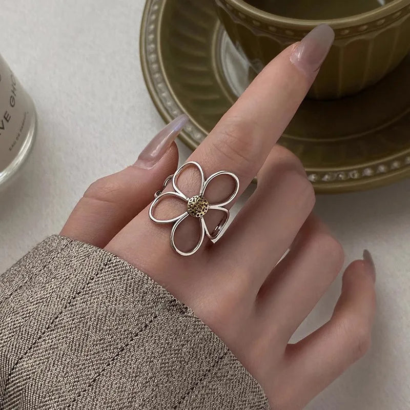 VENTFILLE 925 Sterling Silve Flower Ring for Women Gift Hollow Out Design Retro Hip Ho close-up view