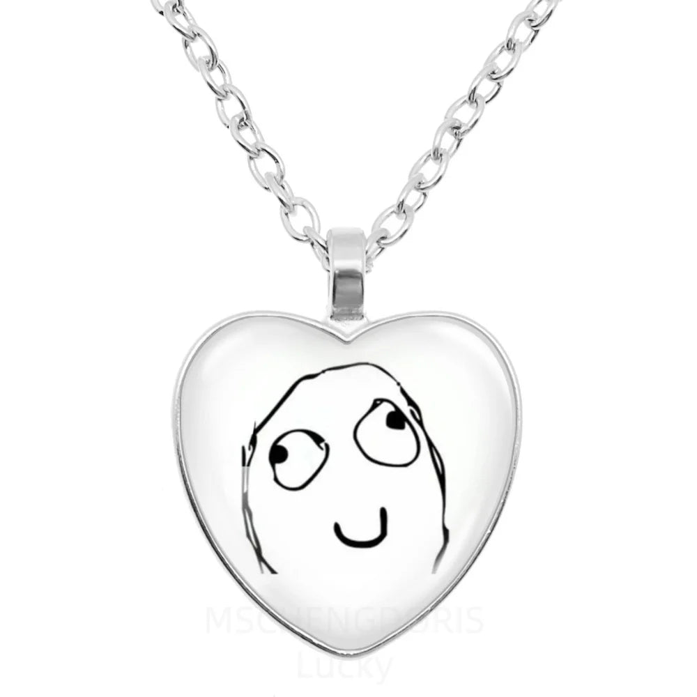 Rage Comic Necklace Derp Face Trollface Funny Meme Cartoon Glass Heart Shape Pendant alternate view