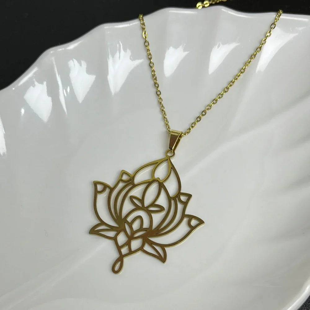 Stainless Steel Unalome Pendant Necklace | Yoga Jewelry with Lotus Flower close-up view