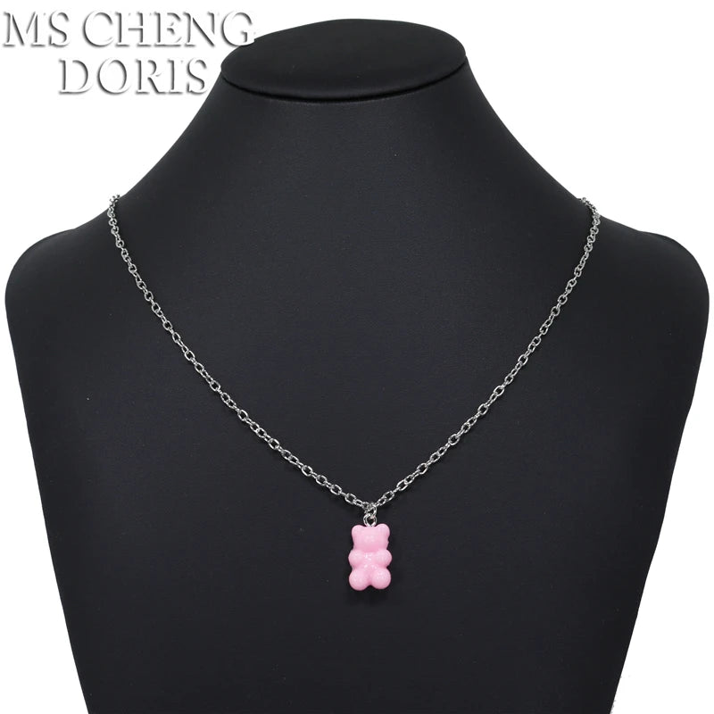 Handmade 33 Styles Colors Cute Resin Gummy Bear Chain Necklaces, Candy Color Pendant alternate view