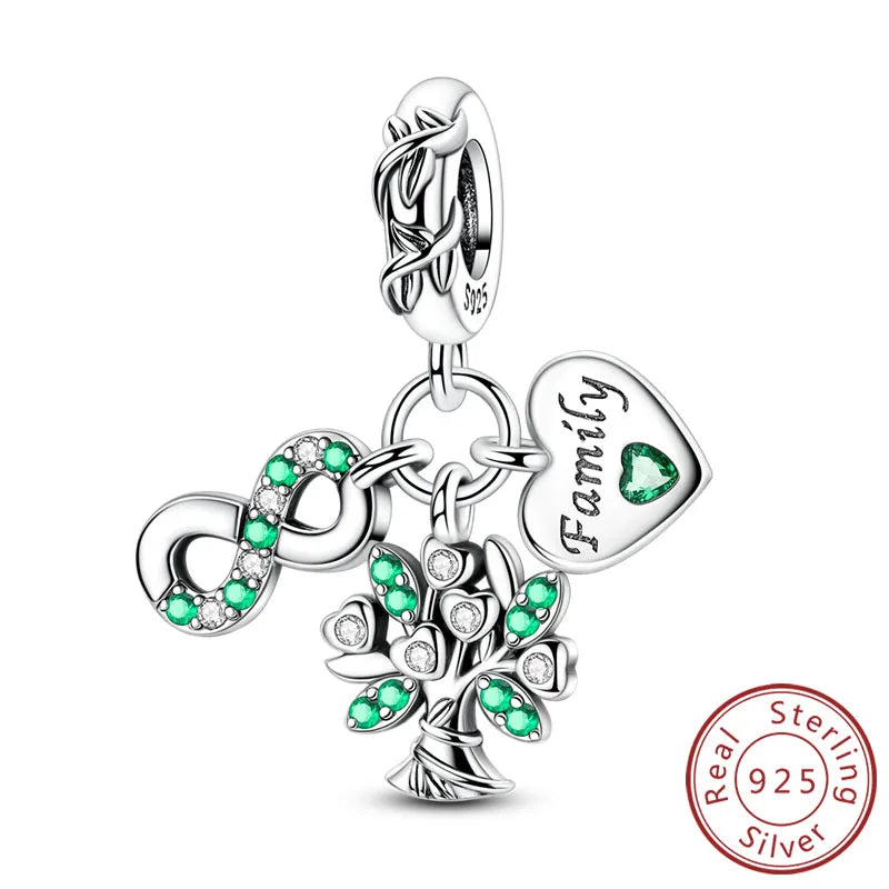 925 Sterling Silver Pendant Charms Beads Green Four-leaf Clover Love Family Tree Charm close-up view