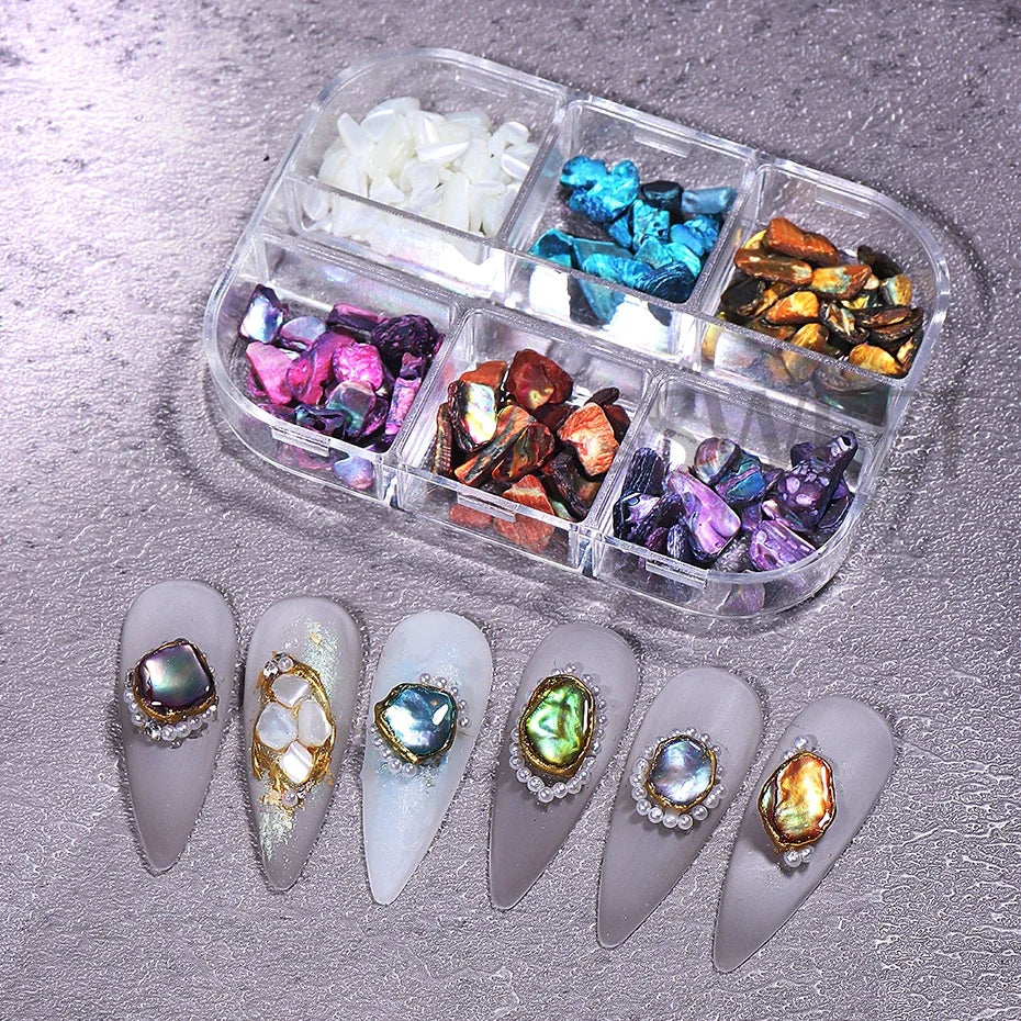 6 Grids Abalone Shell Flakes Nail Art Decoration 3D Charms Irregular Seashell Fragmen lifestyle view