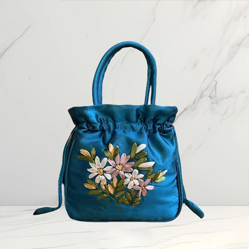 Small Embroidered Flower Bucket Bag | Women's Top Handle Drawstring Purse alternate view