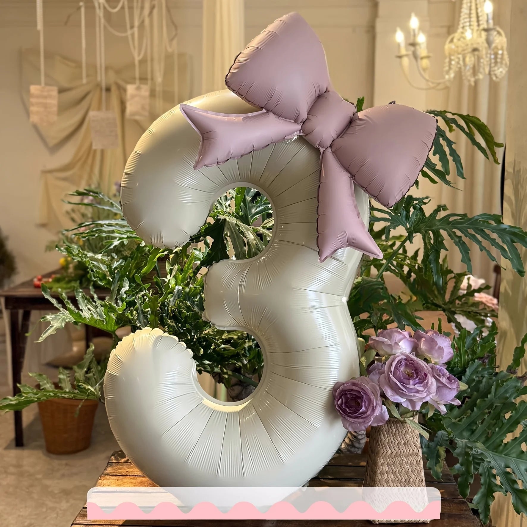 2 Pcs 32 Inch Cream Digital Balloon Set with Pink Bow | Aluminum Foil Party Decor detail view