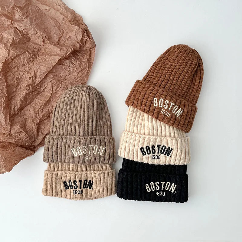 Boston Knitted Baby Hat with Letter Design | Winter Ear Protection Cap alternate view