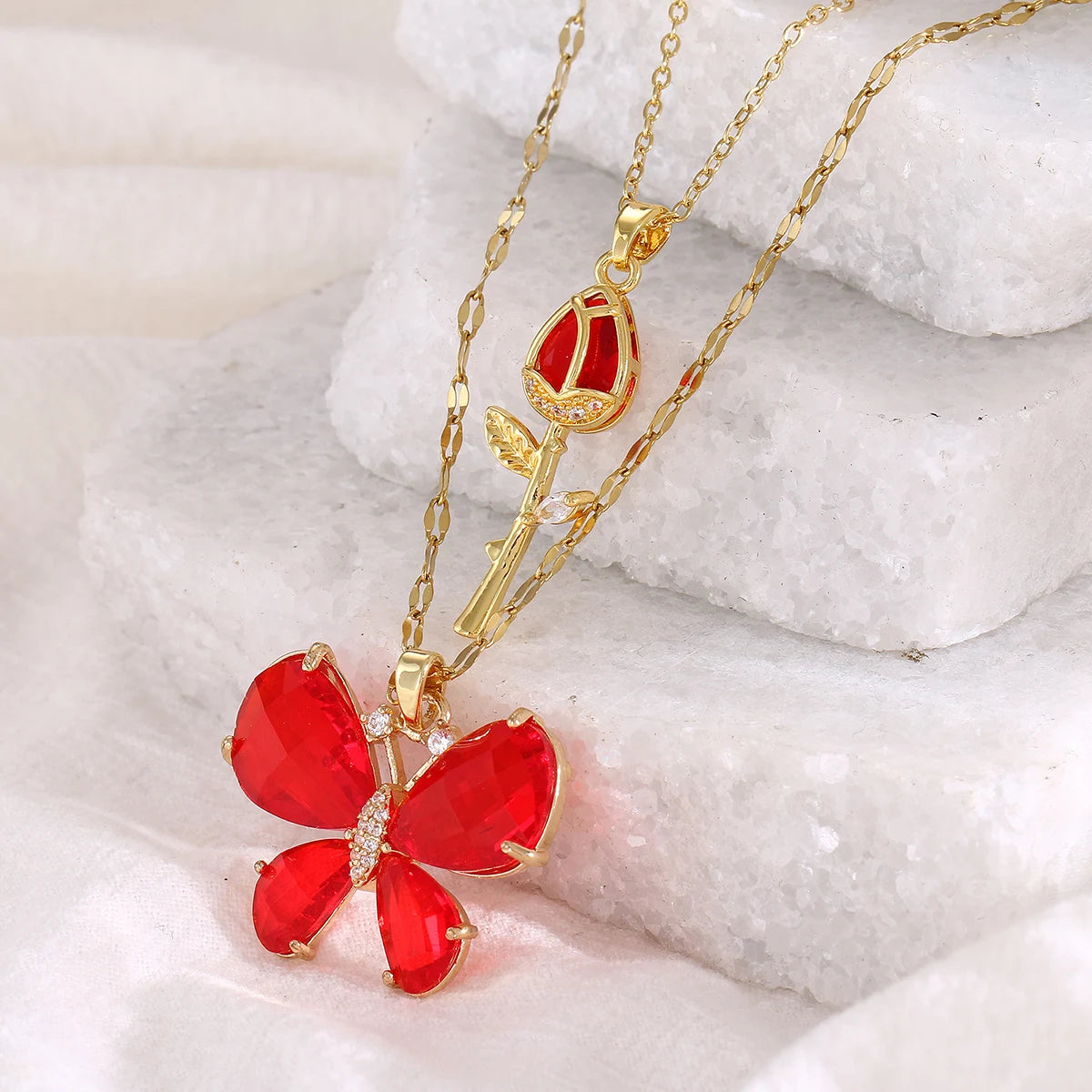 Elegant Pink Crystal Butterfly Necklace for Women High-End Zircon Flower Pendant Fa additional angle