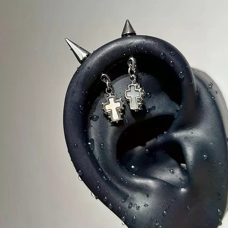 Silver Color Pointed Cone Cross Pendant Ear Bone Nail For Women Earring Puncture Goth alternate view