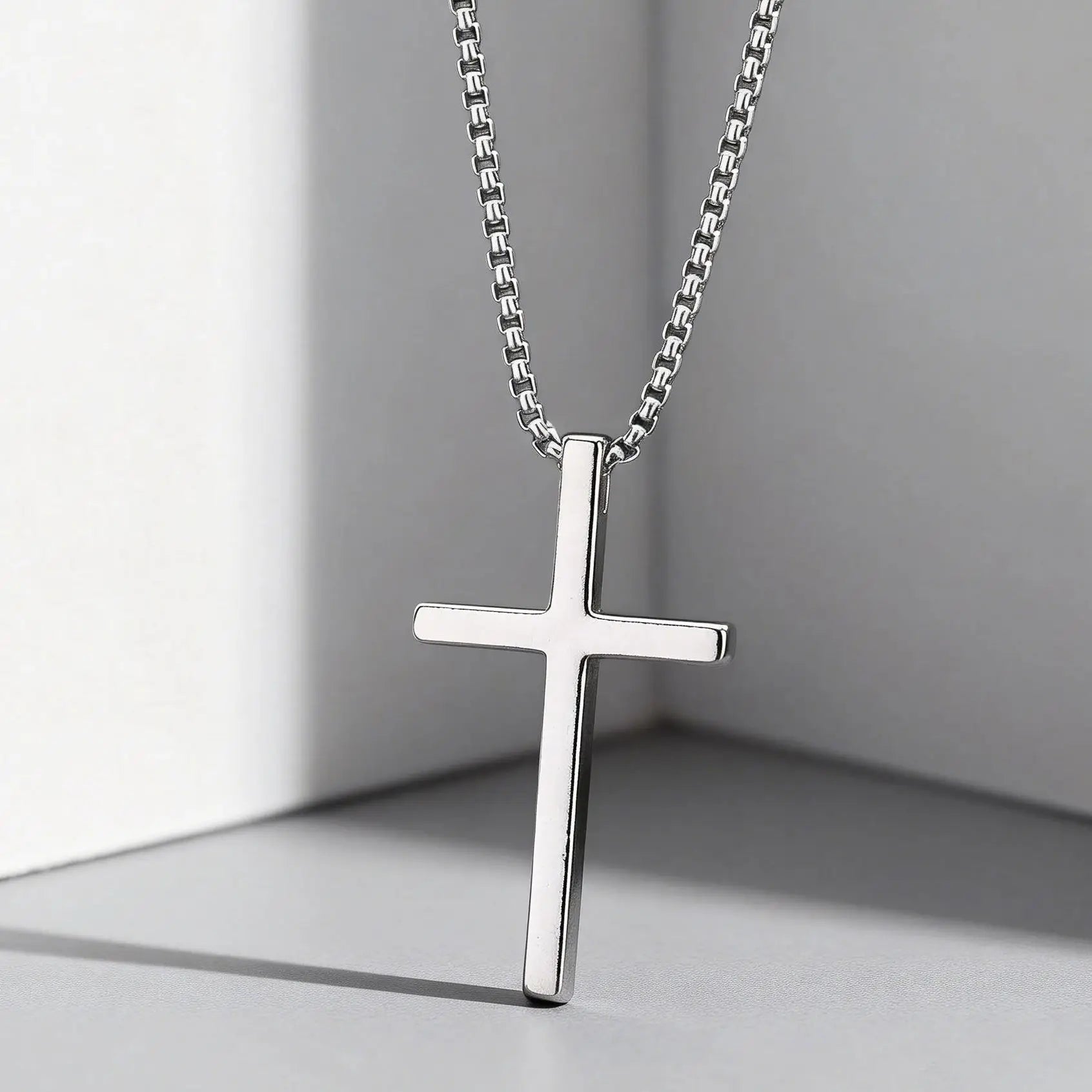 Fashionable Cross Pendant Necklace | Unisex Stainless Steel Box Chain additional angle