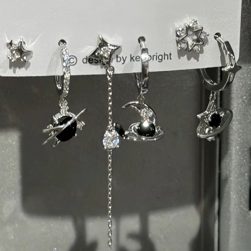 6PCS Goth Punk Vintage Aesthetic Crystal Heart Moon Cross Star Pendant Earrings Set | lifestyle view
