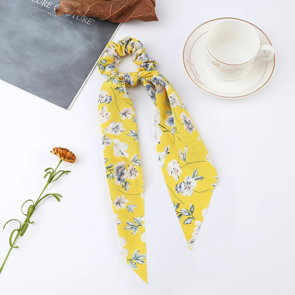 Fashion Flower Print Bow Satin Long Ribbon Ponytail Scarf Tie Scrunchies Women Girls E close-up view