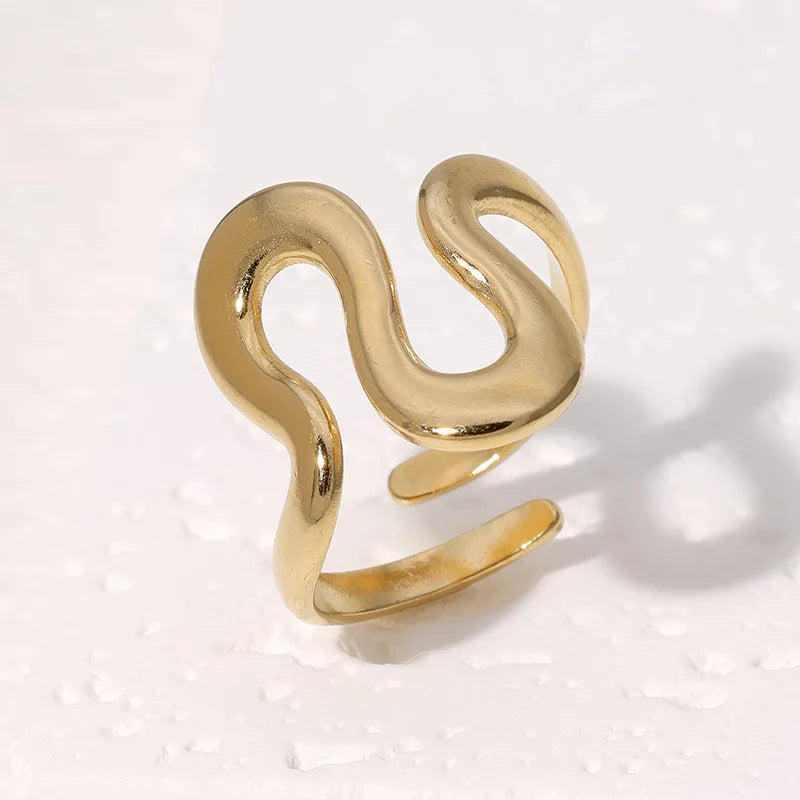 Fashion Stainless Steel Waterproof Open Ring Personality Charms PVD Real Gold 18K Plated detail view