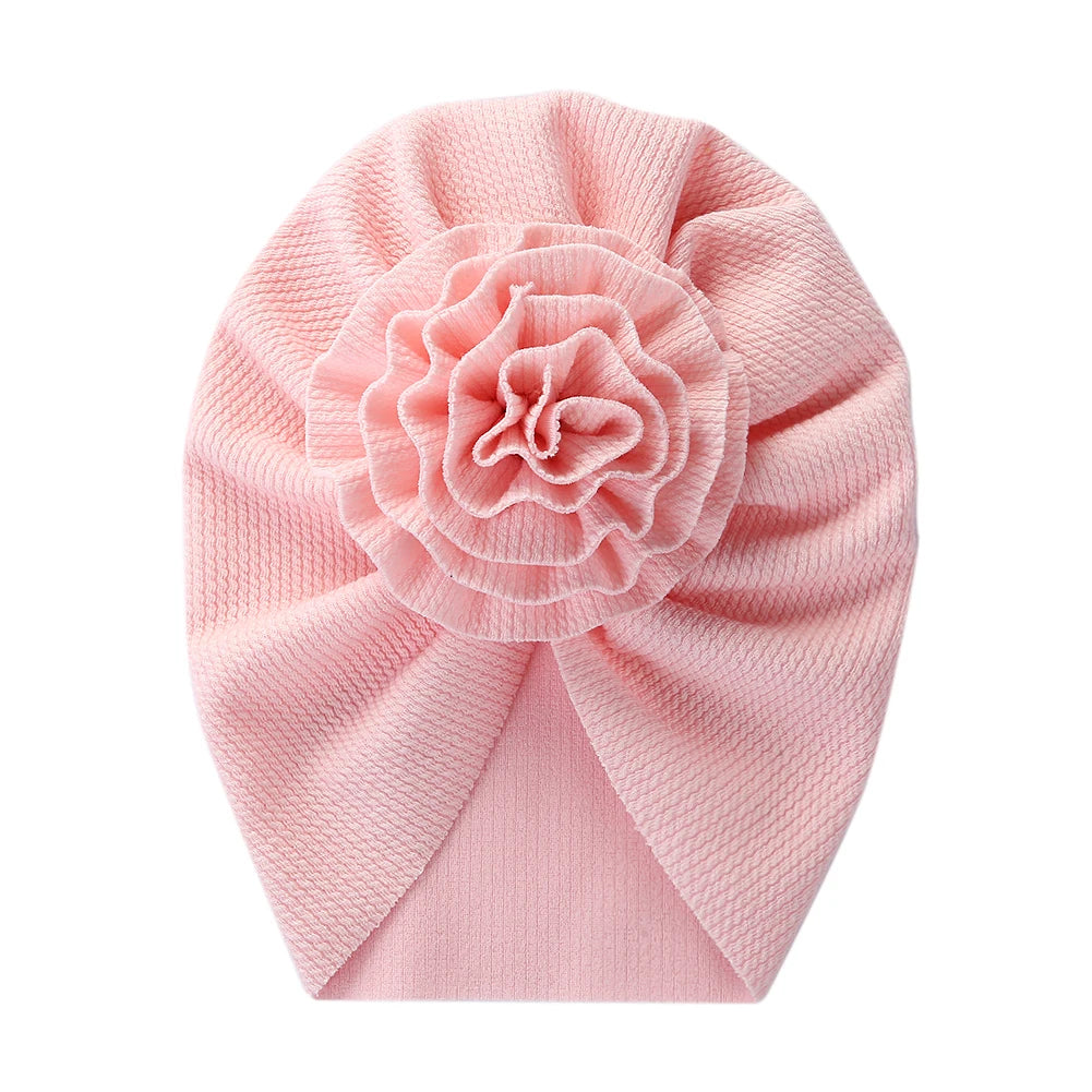 Big Blossom Flower Ribbed Turban Baby Hat | Soft Cotton Topknot Bonnet for Newborns and detail view