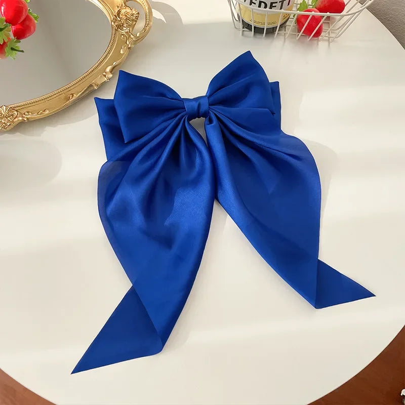 Korean Accessories Hair Clips for Women Girls Big Bowknot Solid Satin Long Ribbon Bow alternate view