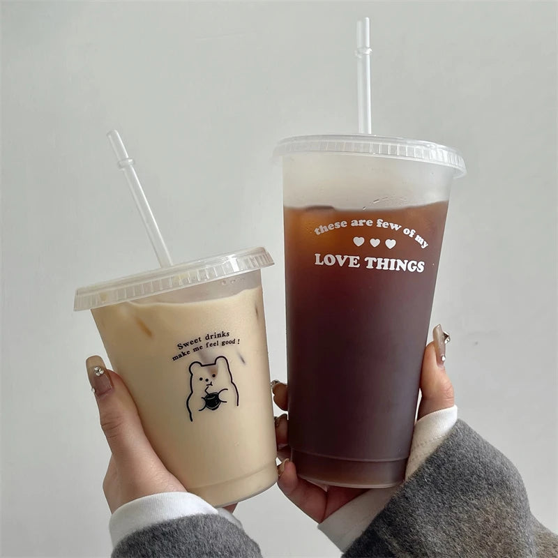 Kawaii Water Bottle For Coffee Juice Tea Cute Tumbler Plastic Cups With Straw Lid Portable Reusable