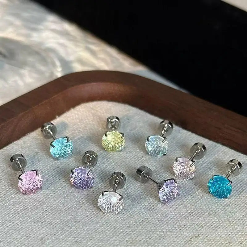 Crystal Stud Earrings Faceted Multicolor Stainless Steel Screw Back Tarnish Resistant Piercing Jewel