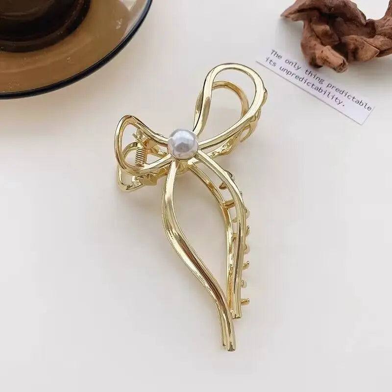 New Exquisite Imitation Pearl Hair Claw Clip Trendy Metal Bow hair Crabs Hairpins Bar alternate view