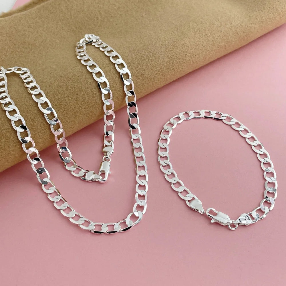 Fashion classic 925 sterling silver 6MM one to one Cuban NK necklace bracelet set suit close-up view