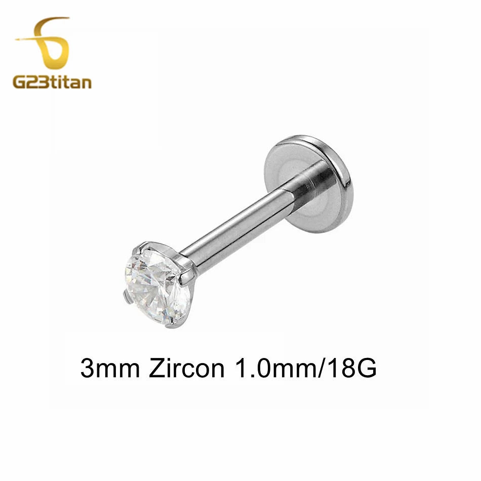 16G 18G Titanium Labret Stud Nose Ring | Zircon Internally Threaded Body Jewelry for Tra detail view