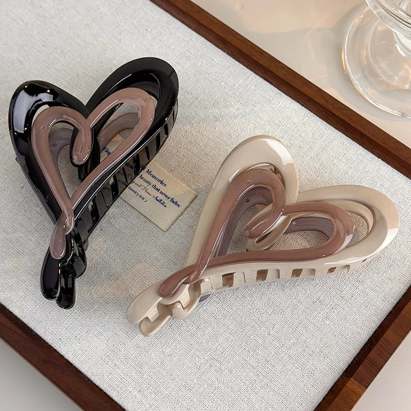 Autumn-Winter Latte Gradient Double-Layer Heart-Shaped Hair Clip Unique Instagram-Style Asymmetrical Back Hair Clip