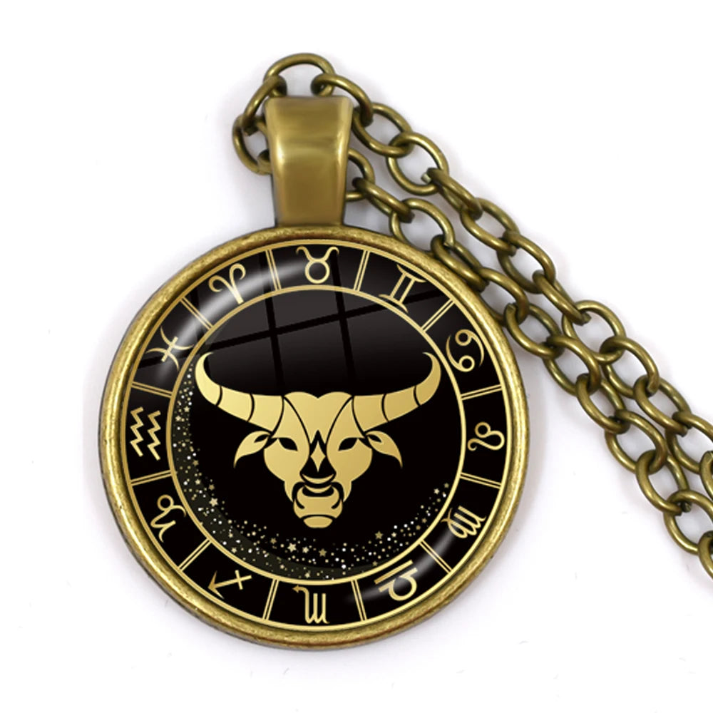 12 Constellation Zodiac Pendant Necklace | Antique Bronze Glass Dome Jewelry close-up view