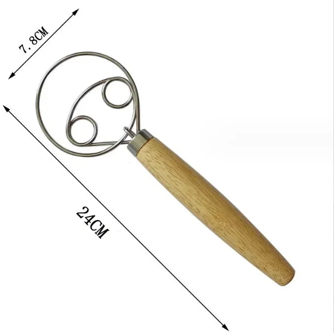 Stainless Steel Danish Dough Whisk | Wooden Handle Bread Mixer for Baking detail view