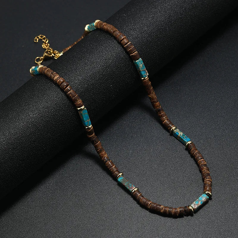 Vintage Boho Natural Stone Necklace for Couples | Brown Coconut Shell Bead Choker additional angle