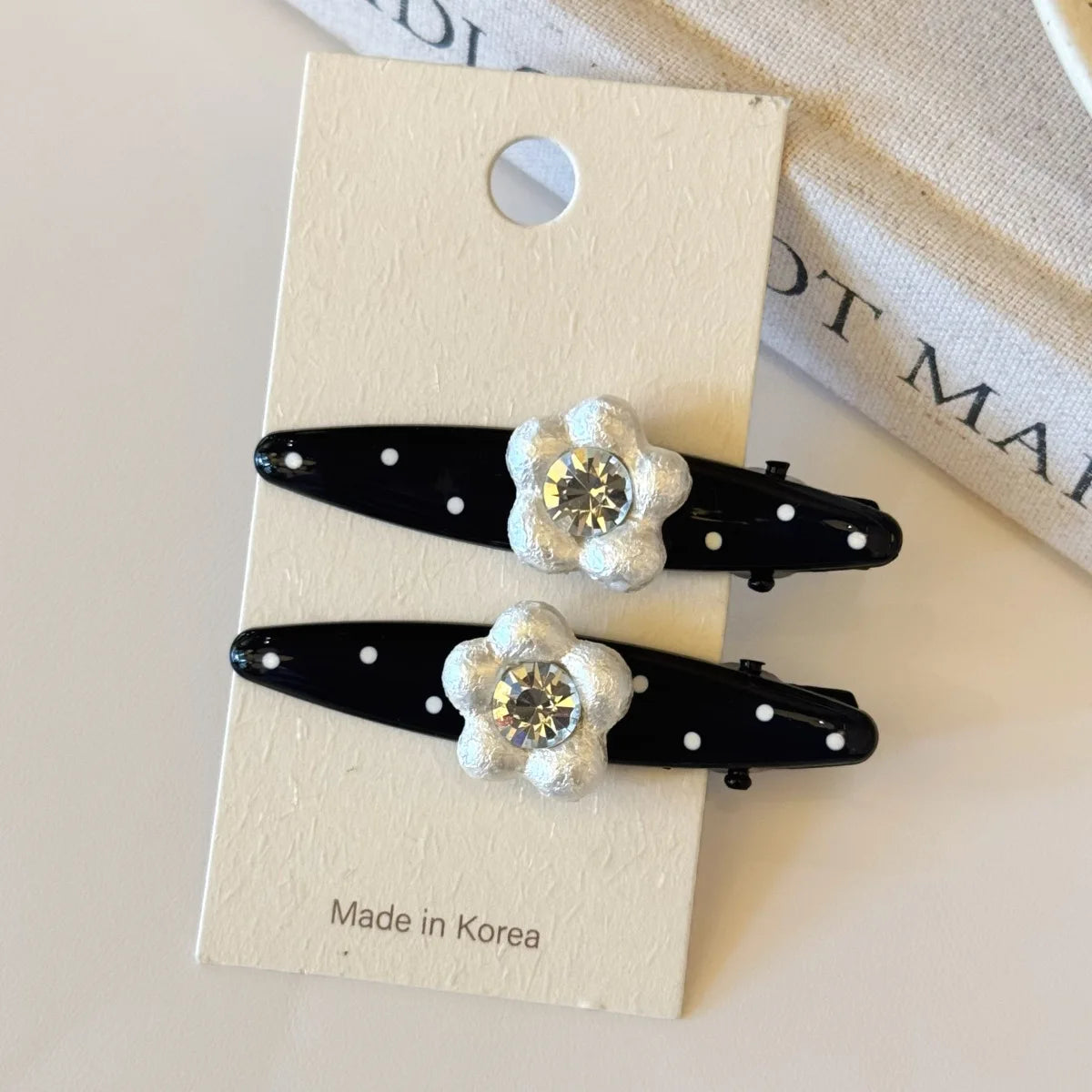 Sweet Polka Dot Pearl Flower Clip Womens Bangs Clip Elegant Fashion Korean Style Duckbill Hair Rhinestone Accessory Pair Set