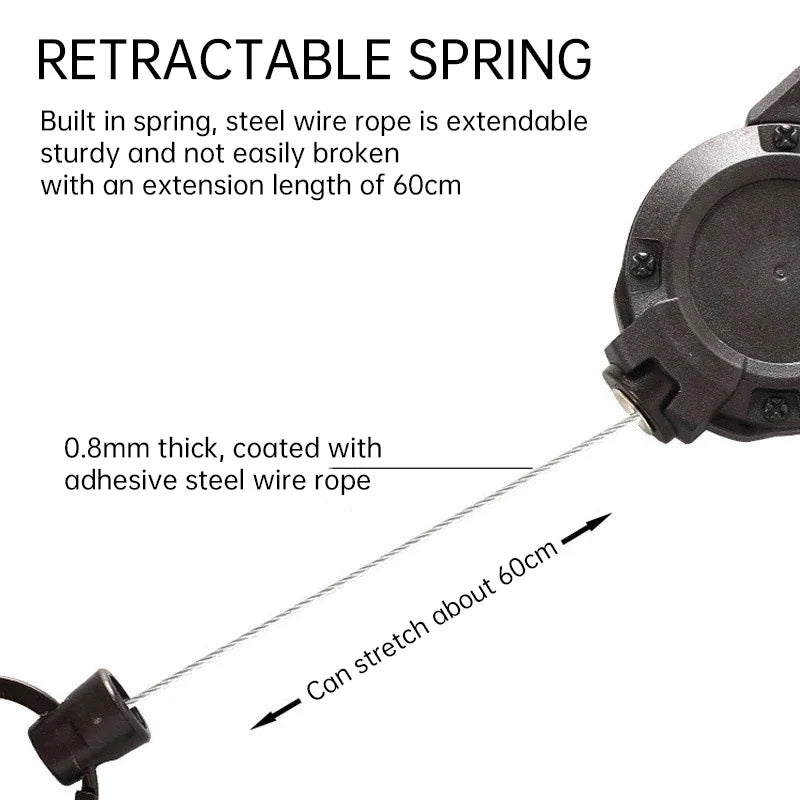 Retractable Heavy Duty Pull Reel Carabiner Key Chains Strong Steel Wire Rope Buckle Sp close-up view