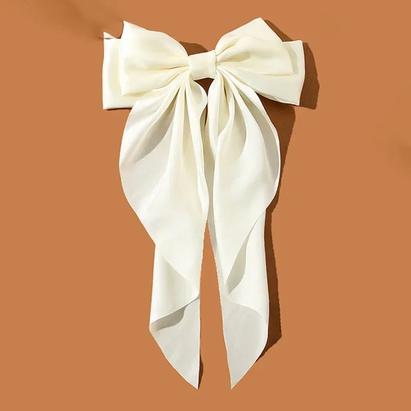 Korean Accessories Hair Clips for Women Girls Big Bowknot Solid Satin Long Ribbon Bows close-up view