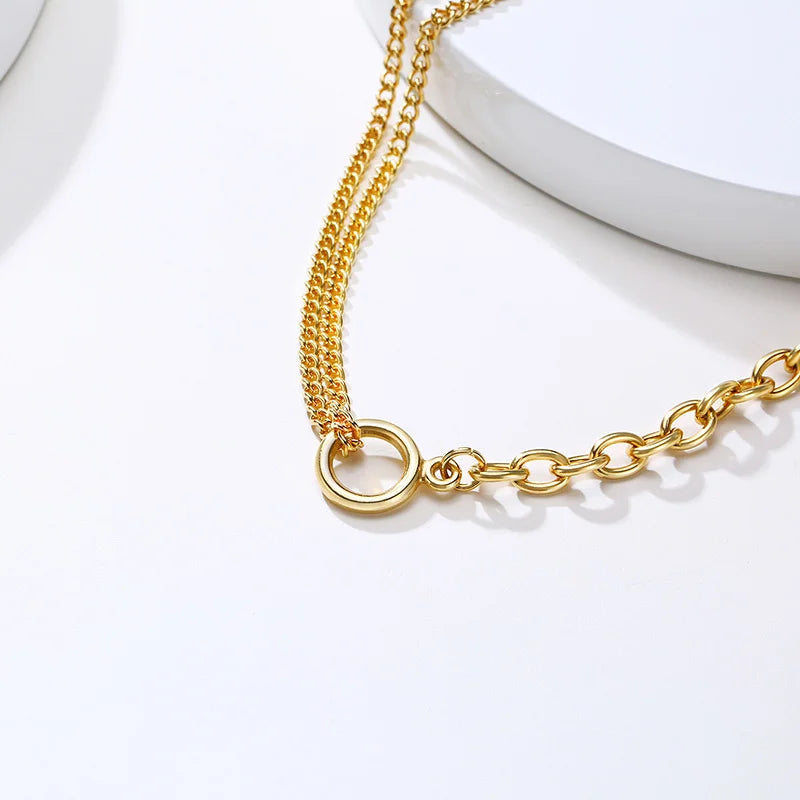 Oval Cable Link With Double Cuban Chain Necklace | Stainless Steel Fashion Open Cir additional angle