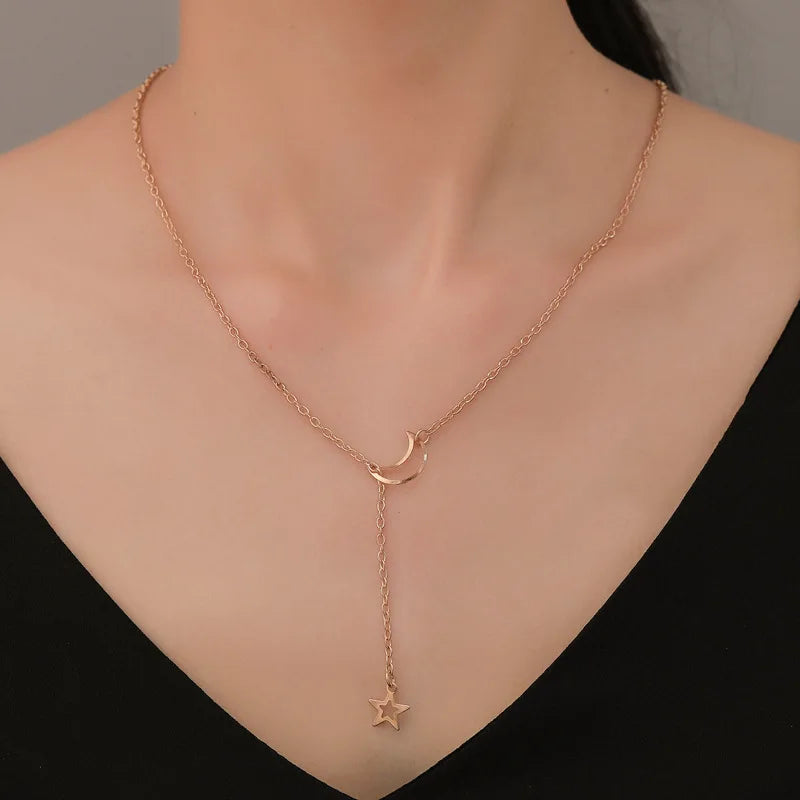 New Simple Moon Star Pendant Choker Necklace Simple Gold Color Alloy Charm Chain Coll lifestyle view