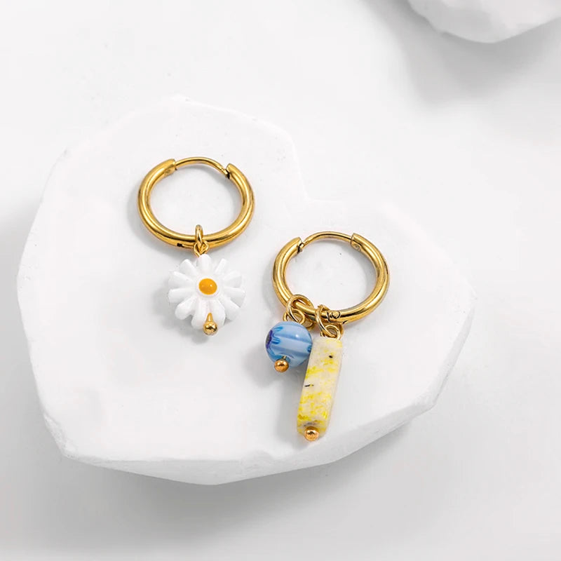 Trendy Asymmetry Pearl Drop Earrings | Stainless Steel Huggie Hoops for Women lifestyle view