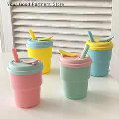 400ml Coffee Mug With Lid Straw Silicone Cold Juice Milk Tea Mug Leak-Proof Drinking W close-up view