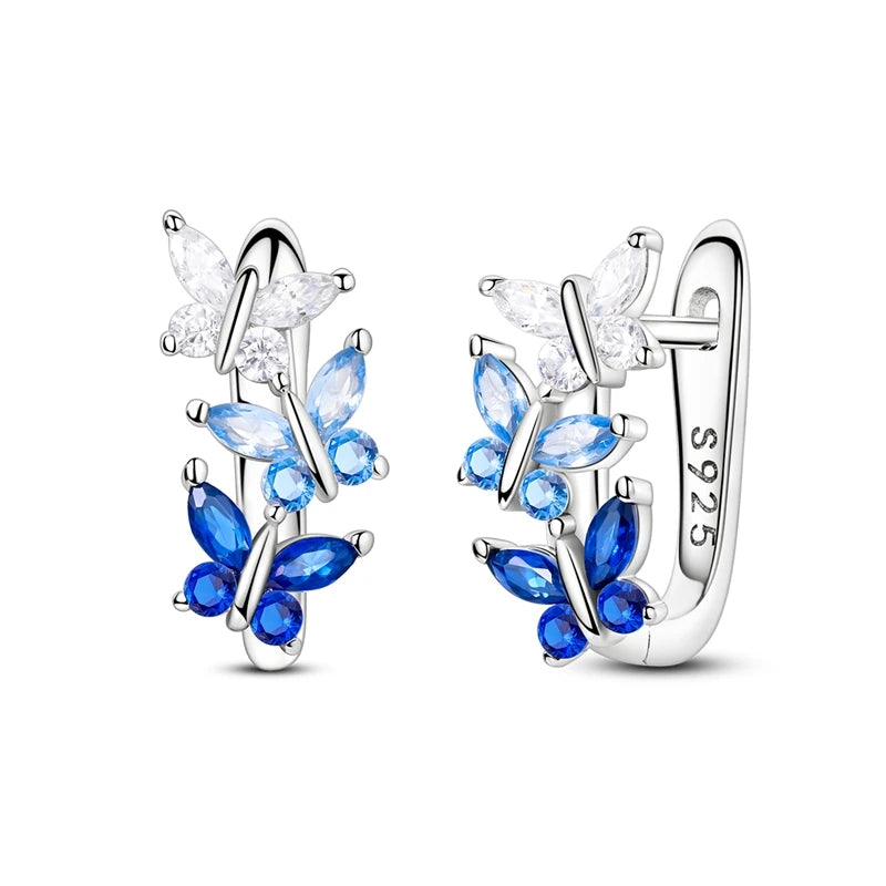 Original 925 Sterling Silver Blue Zirconium Butterfly Earrings Colored Hoop Earrings Wom detail view