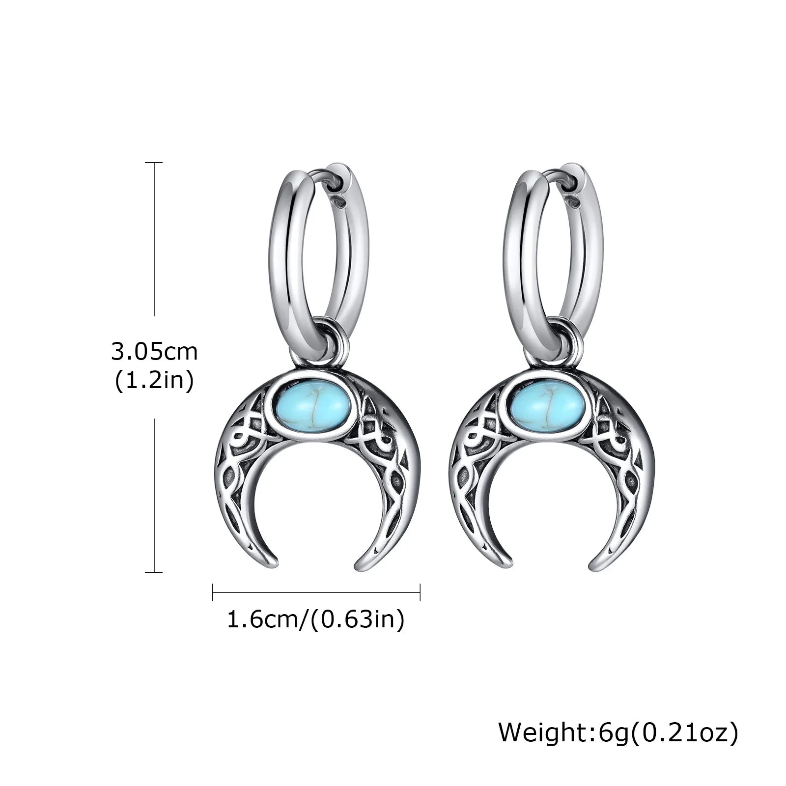 Vintage Moon Earrings for Men | Green Stone Stainless Steel Hoop Jewelry detail view