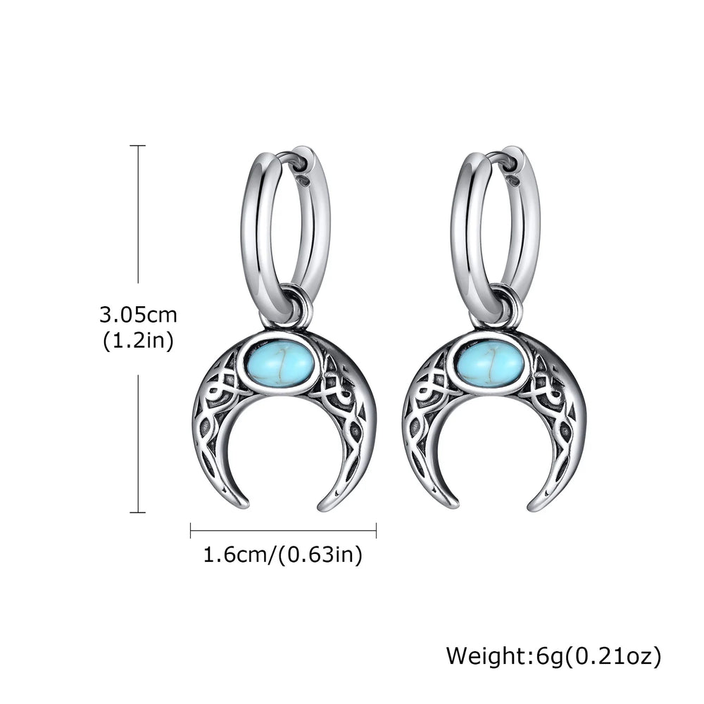 Vintage Moon Earrings for Men | Green Stone Stainless Steel Hoop Jewelry detail view