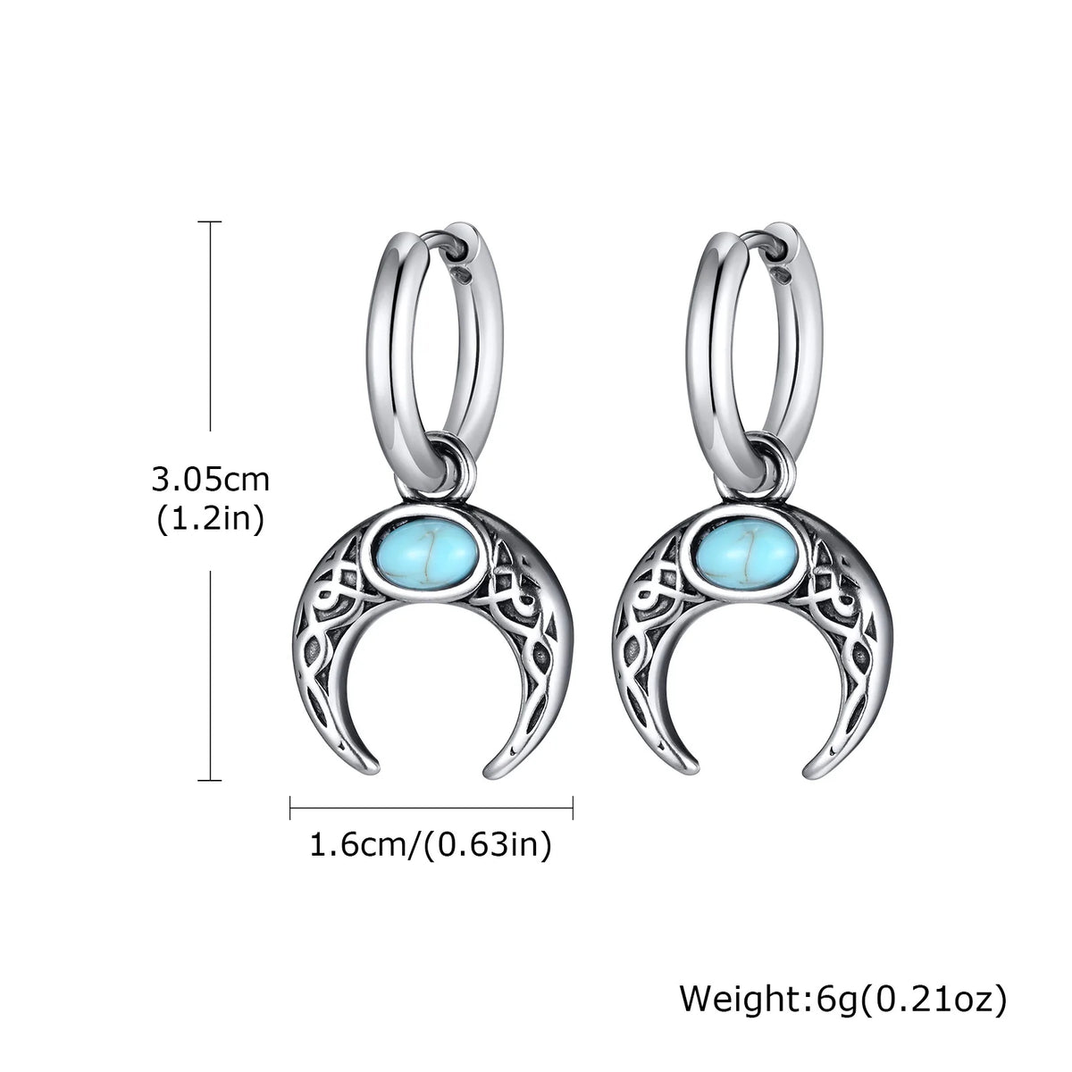 Vintage Moon Earrings for Men | Green Stone Stainless Steel Hoop Jewelry detail view
