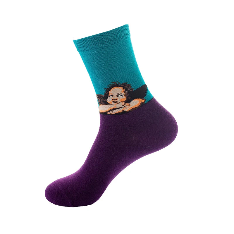 1 Pair Van Gogh Starry Night Cotton Socks Women Men Mona Lisa Oil Painting Retro-classical Series Skateboard Casual Couple Socks