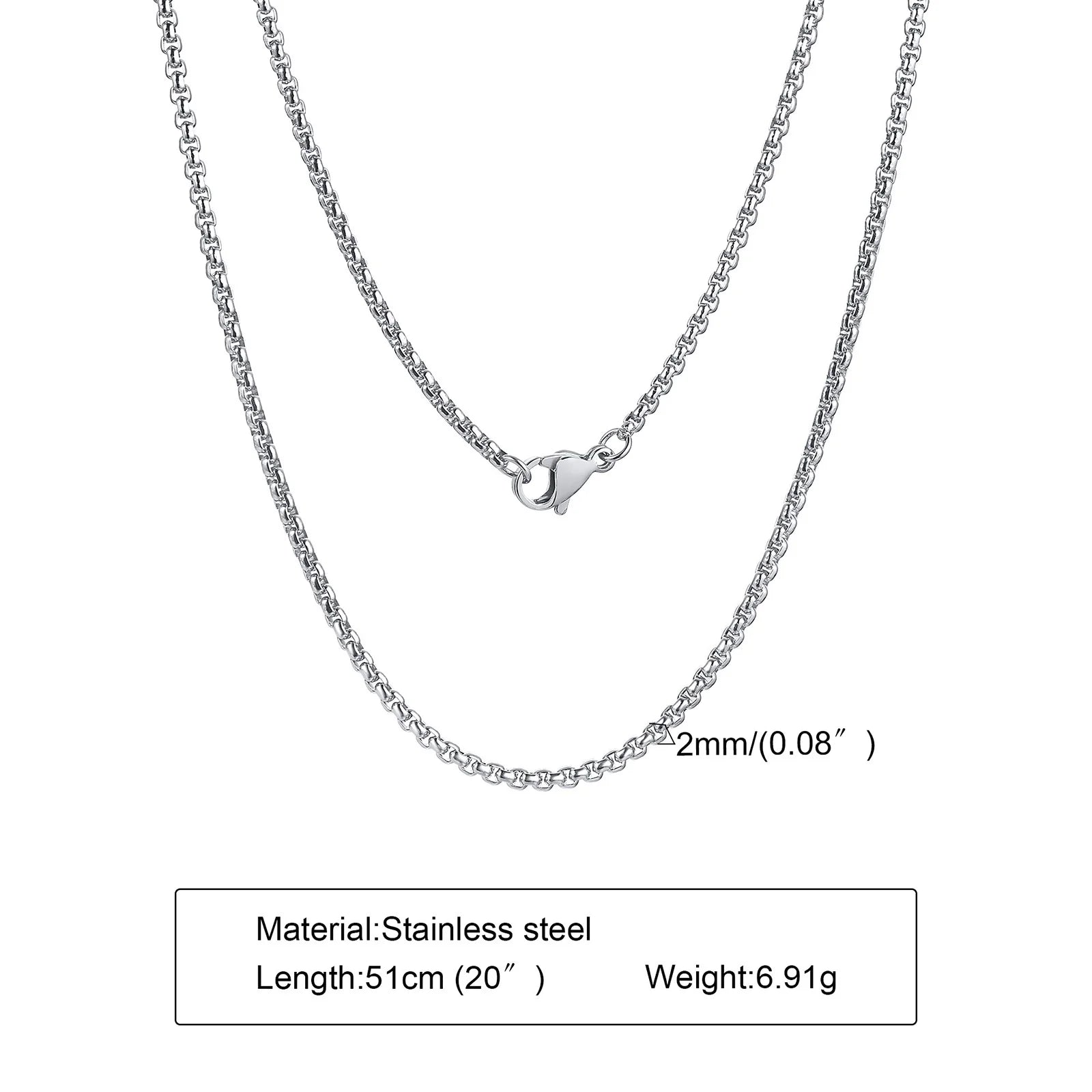Round Box Chain Necklace for Men | Stainless Steel Link Chain in Gold, Silver, or Black detail view