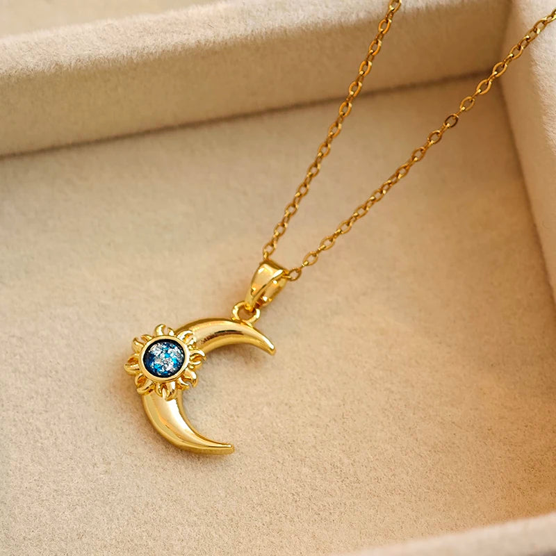 Moon and Sun Zircon Pendant Necklace | 316L Stainless Steel Choker alternate view