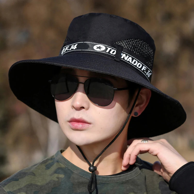 Windproof Men Outdoor Hat | Wide Brim Flat Top Fisherman Hat with Letter Print and Anti- detail view