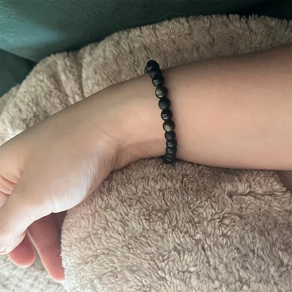 Triple Protection Bracelet | Black Natural Stone with Golden Obsidian close-up view