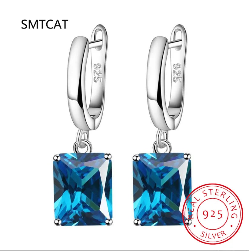 Square Genuine Blue Topaz Amethyst Citrine Garnet Created Sapphire Ruby Emerald 925 Sterling Silver