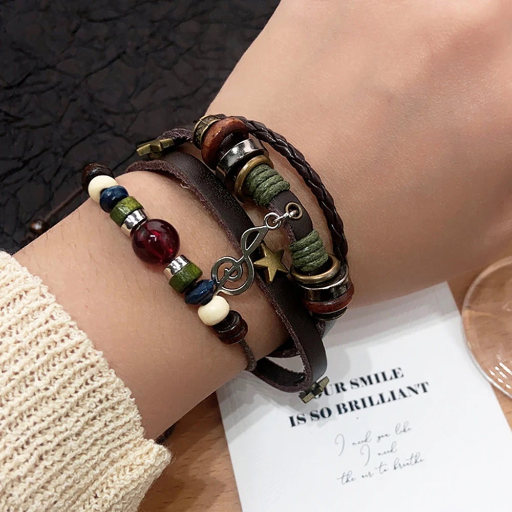 Handmade Hippie Design Brown Leather Bracelet Women Metal Star Note Charms Wood Button B detail view
